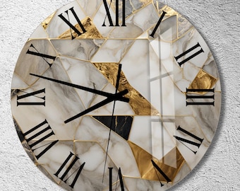 Tempered Glass Wall Clock, Abstract Wall Art, Mosaic Decorative Gift, Gold Accent Decor, Marble Like Wall Clock, Geometric Glass Clock