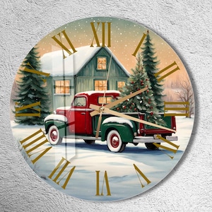 Vintage Truck Weihnachten Wanduhr aus gehärtetem Glas: Festliches Urlaubsdekor