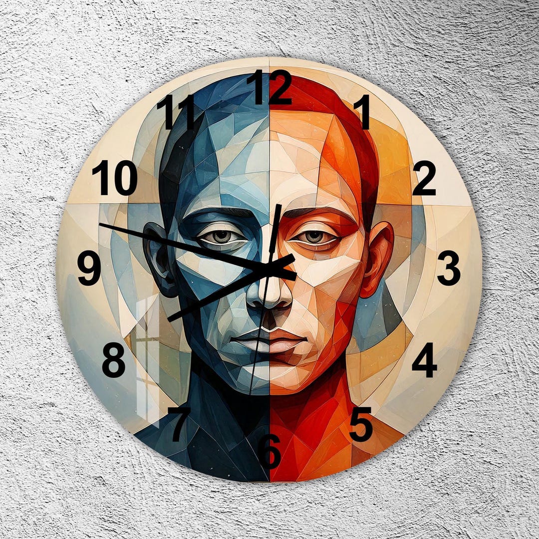Abstract Dual Face Portrait Glass Wall Clock: Cubist Geometry ...