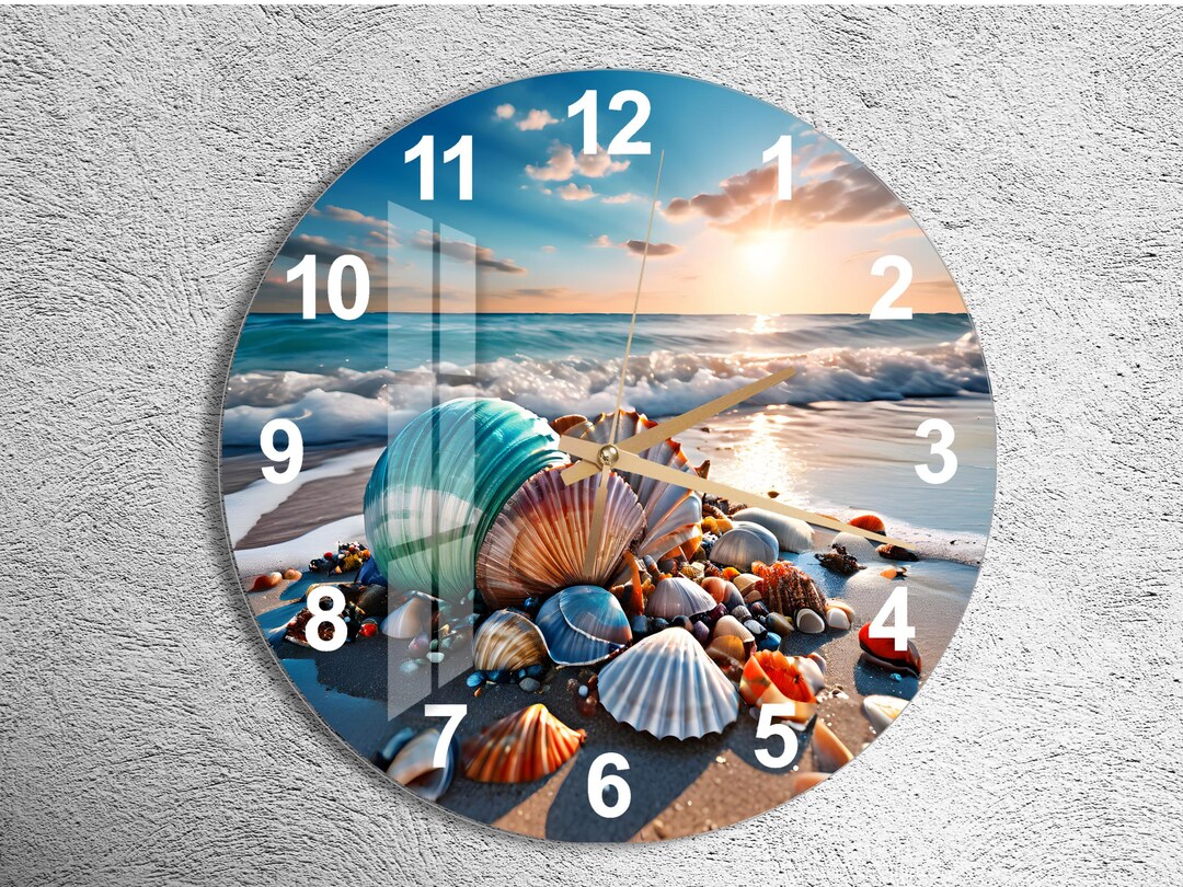 Seashell Beach Tempered Glass Wall Clock: Coastal Decor - Etsy