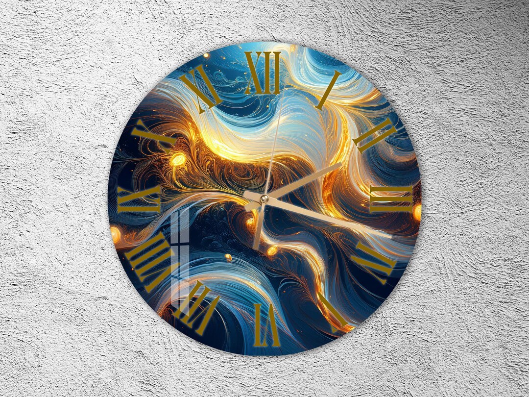 Abstract Swirl Wall Clock With Black Numbers: Modern Blue and Gold Art ...
