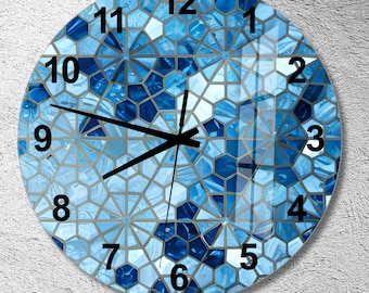 Tempered Glass Wall Clock, Abstract Wall Clock, Colorful Gift, Decorative Gift, Vibrant Wall Clock, Geometric Style Wall Clock, Blue Clock