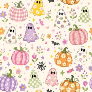 May include: A repeating pattern on a cream background featuring various pumpkins and ghosts. The pumpkins are pink, orange, and purple with floral or gingham prints. The ghosts are yellow, white, and pink with floral or checkered patterns.