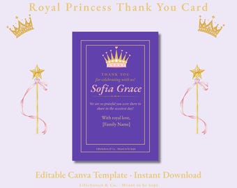 Tarjeta de agradecimiento de princesa real / Cumpleaños en morado y dorado (4x6) (Descarga digital)