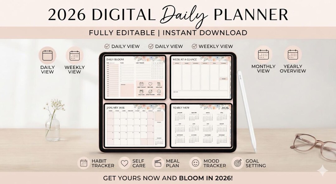 2026 Digital Daily Planner | Editable, Habit Tracker, Self Care ...