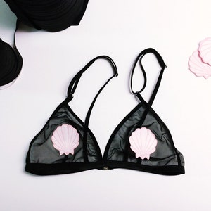Seashell bra, mermaid bralette, triangle bra, black mesh bralette, mermaid bridal lingerie, bralette, mermaid costume