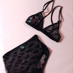 Heart lingerie set, triangle bra, black bralette, lingerie set, high waist panties, lingerie set gift, valentines day, mesh lingerie
