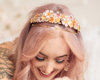 Hand painted floral coronet, flower tiara, floral crown, peach and pink flower hairband