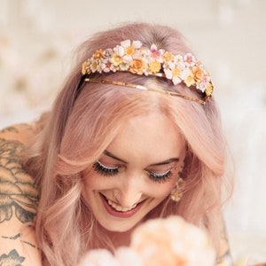 Hand painted floral coronet, flower tiara, floral crown, peach and pink flower hairband image 1