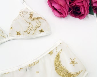 Glitter moon lingerie set, brazilian panty, celestial bralette, boudoir lingerie set, bridal lingerie