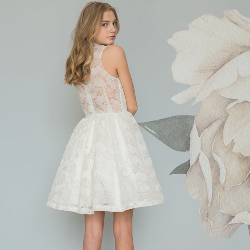 Floral lace mini dress, reception dress, white prom dress, cocktail dress, reception dress, summer wedding dress, elopement dress