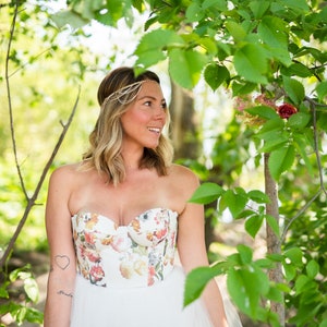 Corset floral wedding dress with cups, tea length tulle skirt, customizable wedding dress