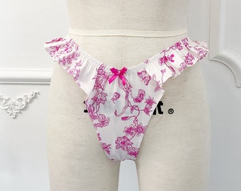 White and hot pink cotton ruffle thong panty, valentines gift