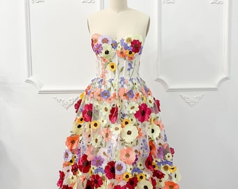 Robe florale brodée de longueur de thé, robe de mariée florale 3D, robe brodée, robe de mariée de printemps