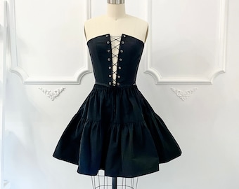 Black taffeta corset and skirt matching set, tiered miniskirt, party dress, lace front corset