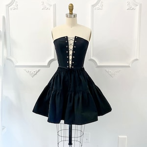 Black taffeta corset and skirt matching set, tiered miniskirt, party dress, lace front corset