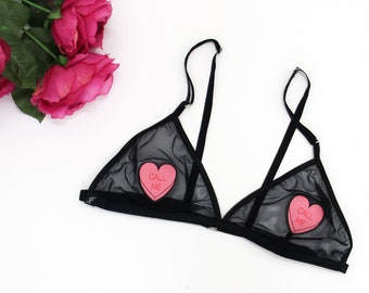 Sweetheart bra, heart bralette, triangle bra, black mesh bralette, valentines day lingerie, bralette, conversation heart