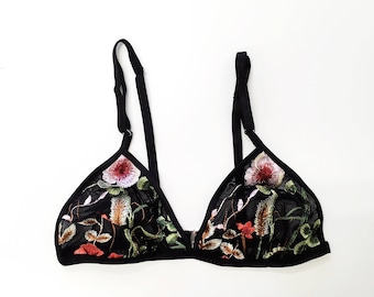 Bralette florale noire brodée, soutien-gorge triangle, bralette maillée, cadeau saint-valentin, imprimé floral, lingerie nuptiale, lingerie d’été, broderie