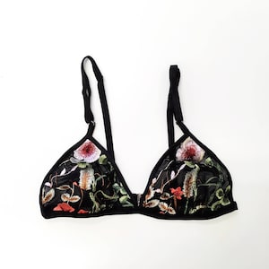 Embroidered black floral bralette, triangle bra, mesh bralette, valentines gift, floral print, bridal lingerie, summer lingerie, embroidery image 1