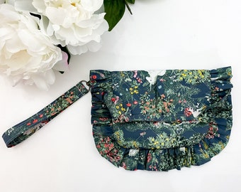 Unicorn print quilted fold over clutch, ruffle pillow clutch bag, floral wristlet bag