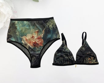 Rococo 'The Swing' art printed lingerie set with triangle bralette and high rise panty