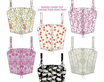 Printed corset top, front lace corset with adjustable straps, pick your own print