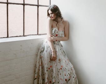 Embroidered Gown, floral wedding dress, embroidered prom dress, spring wedding dress