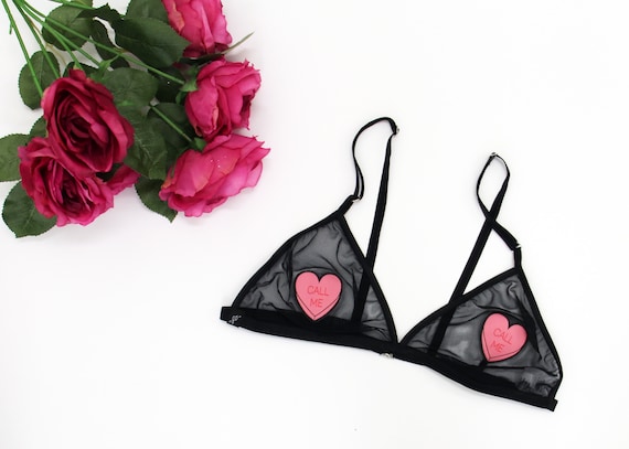 Sweetheart Bra, Heart Bralette, Triangle Bra, Black Mesh Bralette,  Valentines Day Lingerie, Bralette, Conversation Heart 