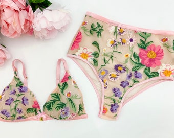 Pink wildflower embroidered floral lingerie set, boudoir lingerie, high rise panties, bridal lingerie