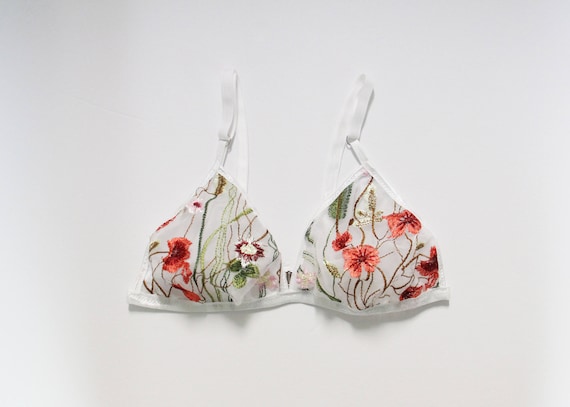 Embroidered Floral Bralette, Triangle Bra, White Bralette, Floral