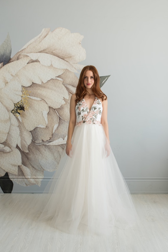 Embroidered floral wedding dress blush wedding dress prom dress pastel floral wedding dress halter wedding dress floral gown