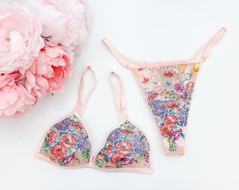 Blush pink Embroidered floral lingerie set, boudoir lingerie, thong, embroidery, bridal lingerie