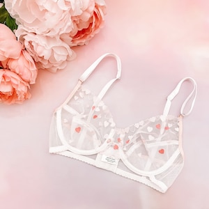 READY TO SHIP 32C Pink and white heart embroidered bra, boudoir lingerie, underwired bra, floral lingerie image 1