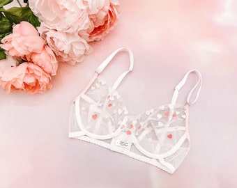 READY TO SHIP 32C Pink and white heart embroidered bra, boudoir lingerie, underwired bra, floral lingerie