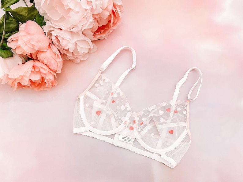 READY TO SHIP 32C Pink and white heart embroidered bra, boudoir lingerie, underwired bra, floral lingerie image 1