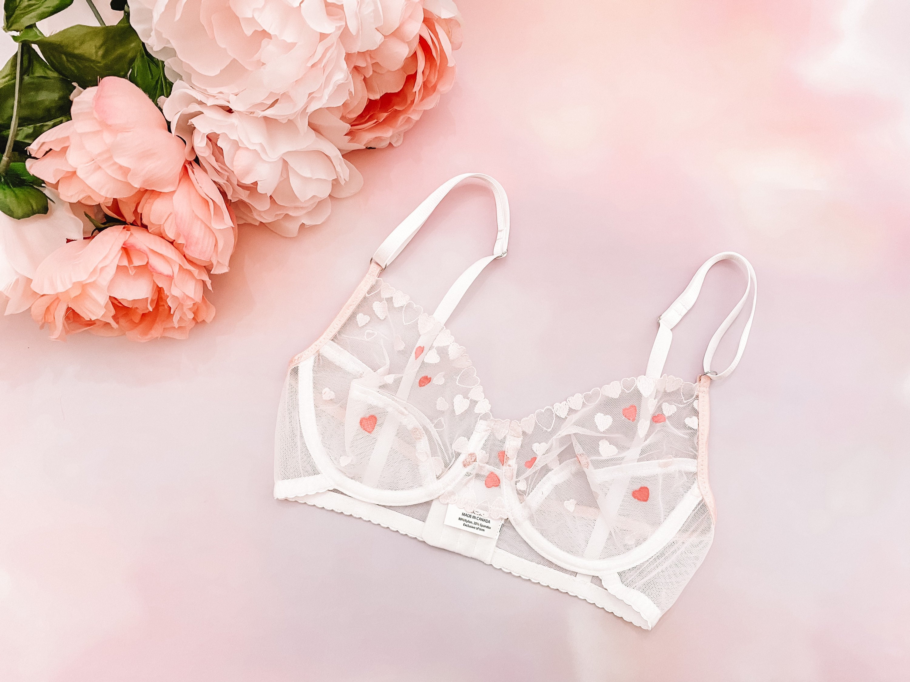 Pink and White Heart Embroidered Bra, Boudoir Lingerie, Underwired Bra, Floral  Lingerie 