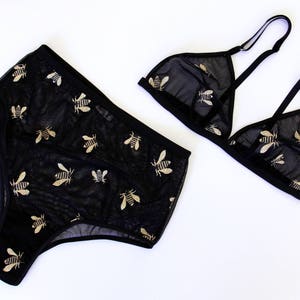 Brassière brodée abeille, soutien-gorge triangle, abeilles, brassière noire, lingerie de mariée, entomologie, brassière en résille image 4