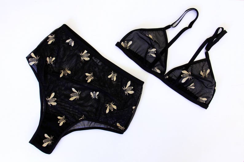 Embroidered bee bralette, triangle bra, bees, black bralette, bridal lingerie, entomology, mesh bralette image 4