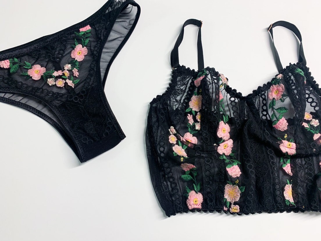 Black floral embroidered longline bra boudoir lingerie | Etsy