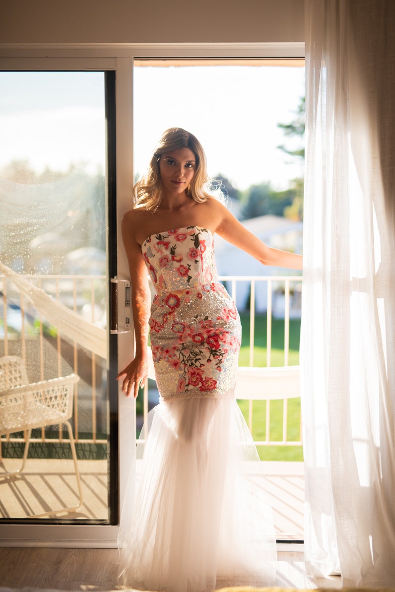 Embroidered floral and sequin mini dress with convertible floor length tulle mermaid skirt,