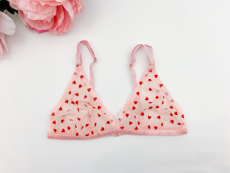 Red and pink flocked heart lingerie set, French cut panties and triangle bralette, boudoir lingerie image 3