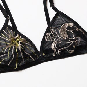 Embroidered bralette with celestial pattern, sheer mesh bralette image 1