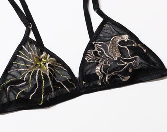 Embroidered bralette with celestial pattern, sheer mesh bralette