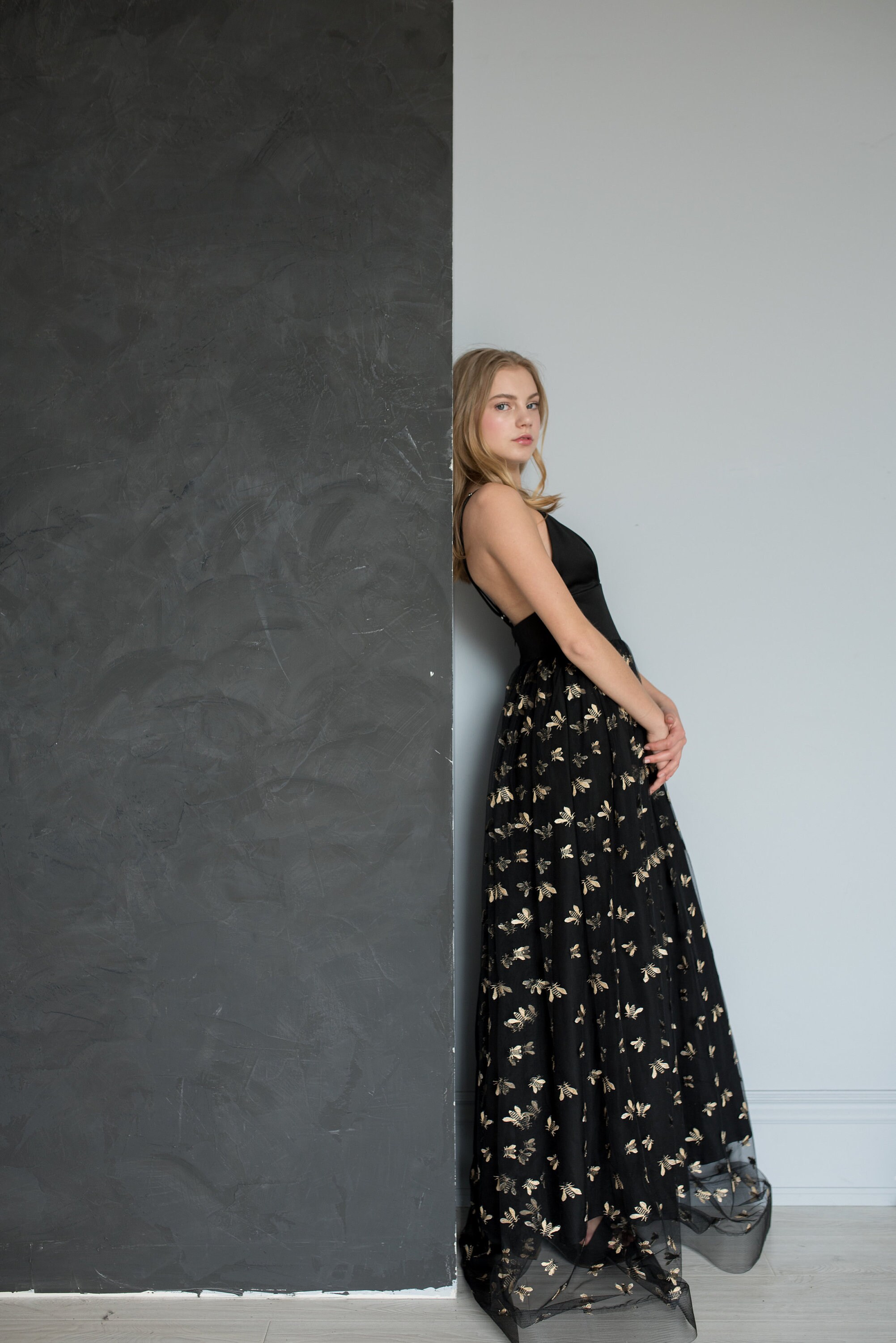 Embroidered bee gown black prom dress garden party dress Etsy