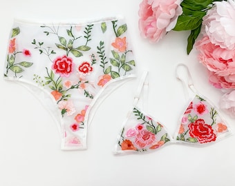 Hot pink floral lingerie set, triangle bra, white bralette, high waist panties, floral print, brazilian panty, bridal lingerie