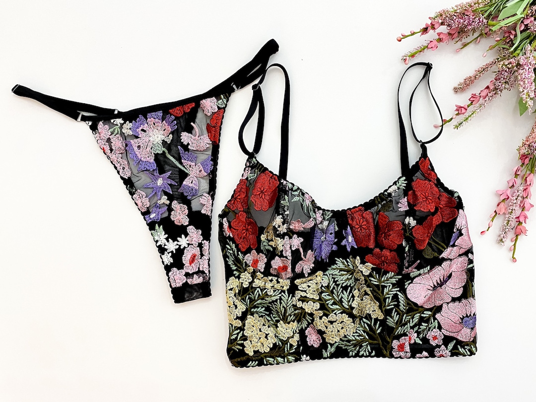 Black Floral Embroidered Bra Boudoir Lingerie Underwired - Etsy