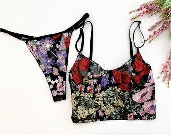 Black floral embroidered bra, boudoir lingerie, underwired bra, longline bra, floral lingerie