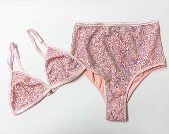 Pink disco sequin lingerie set, sequin bralette, brazilian panty, boudoir lingerie set, high rise panties