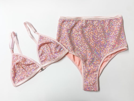 Pink Disco Sequin Lingerie Set, Sequin Bralette, Brazilian Panty