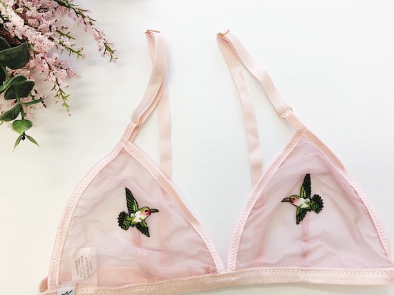 Embroidered Hummingbird Bra, Pink Bralette, Triangle Bra, Mesh